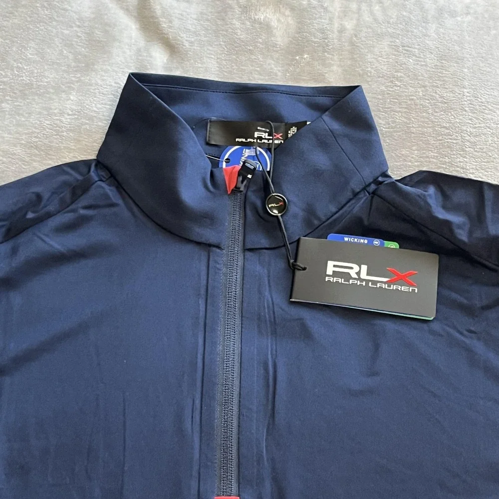RLX Ralph Lauren Sweater Mens Medium Navy Red Quarter Zip Golf Pullover Wicking